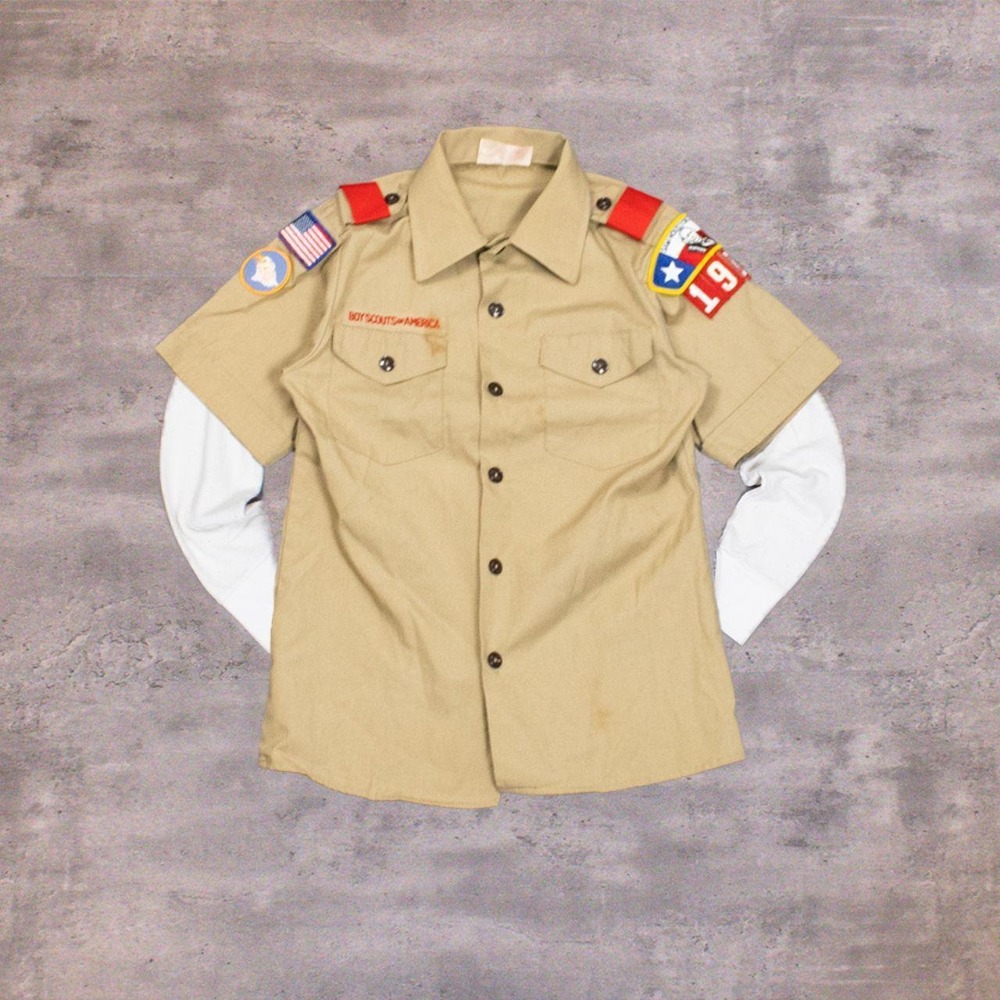 80's Boy Scouts Of America Brown Patched Button Up Short Sleeve Shirt